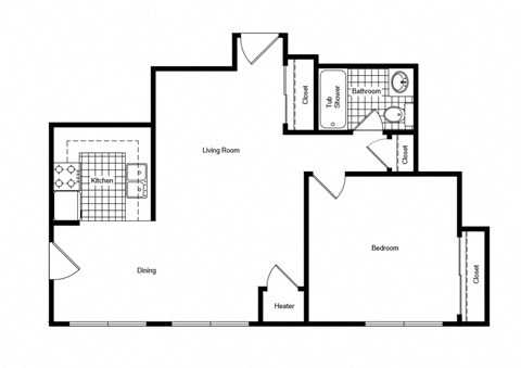 Floor plan for 1 bed, 1 bath, 750 sqft